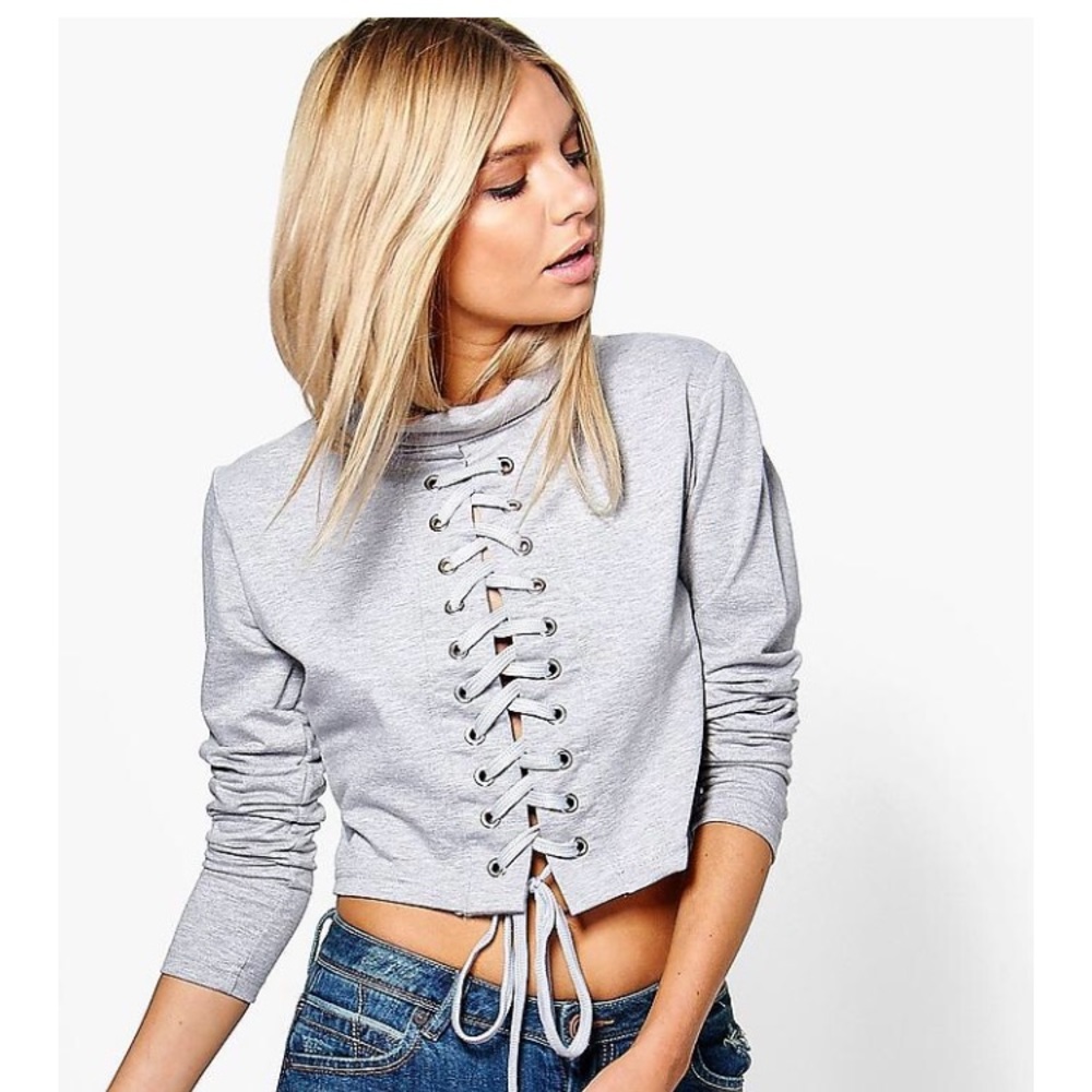 Gray Lace-up Sweat Crop Top